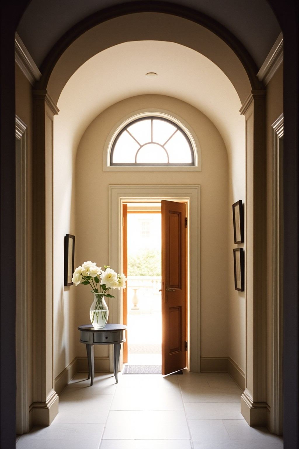 A Georgian entrance hall with an arched fanlight over an open front door and white flowers on a console table.