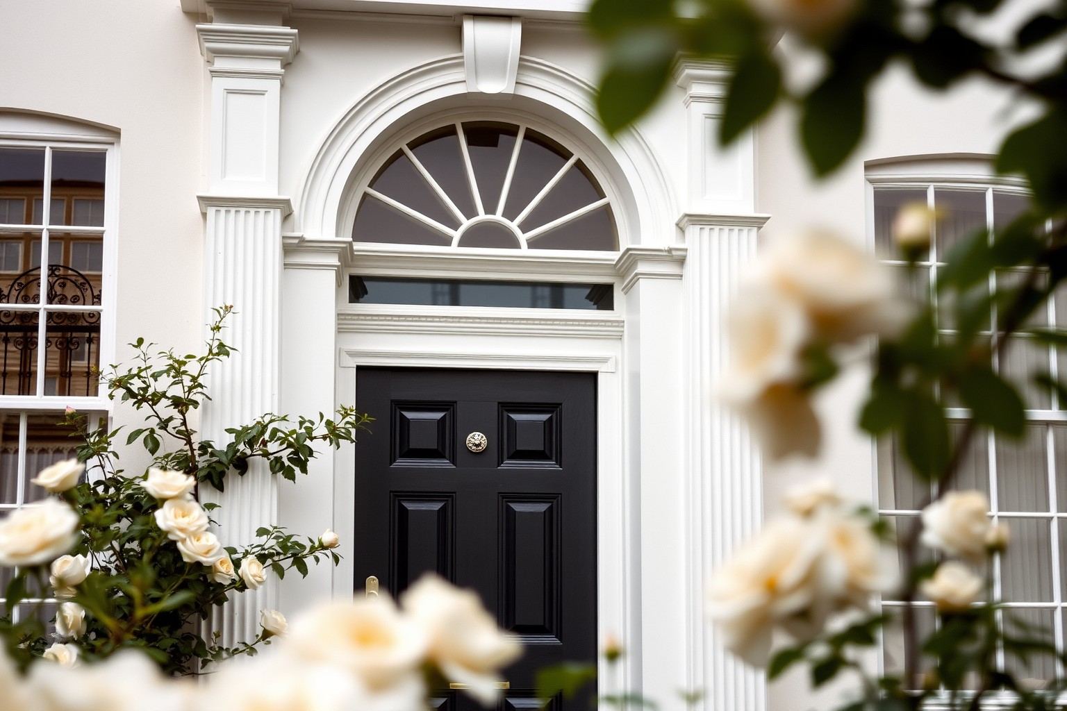 The black front door and fanlight of a white Georgian house, framed by soft cream roses.