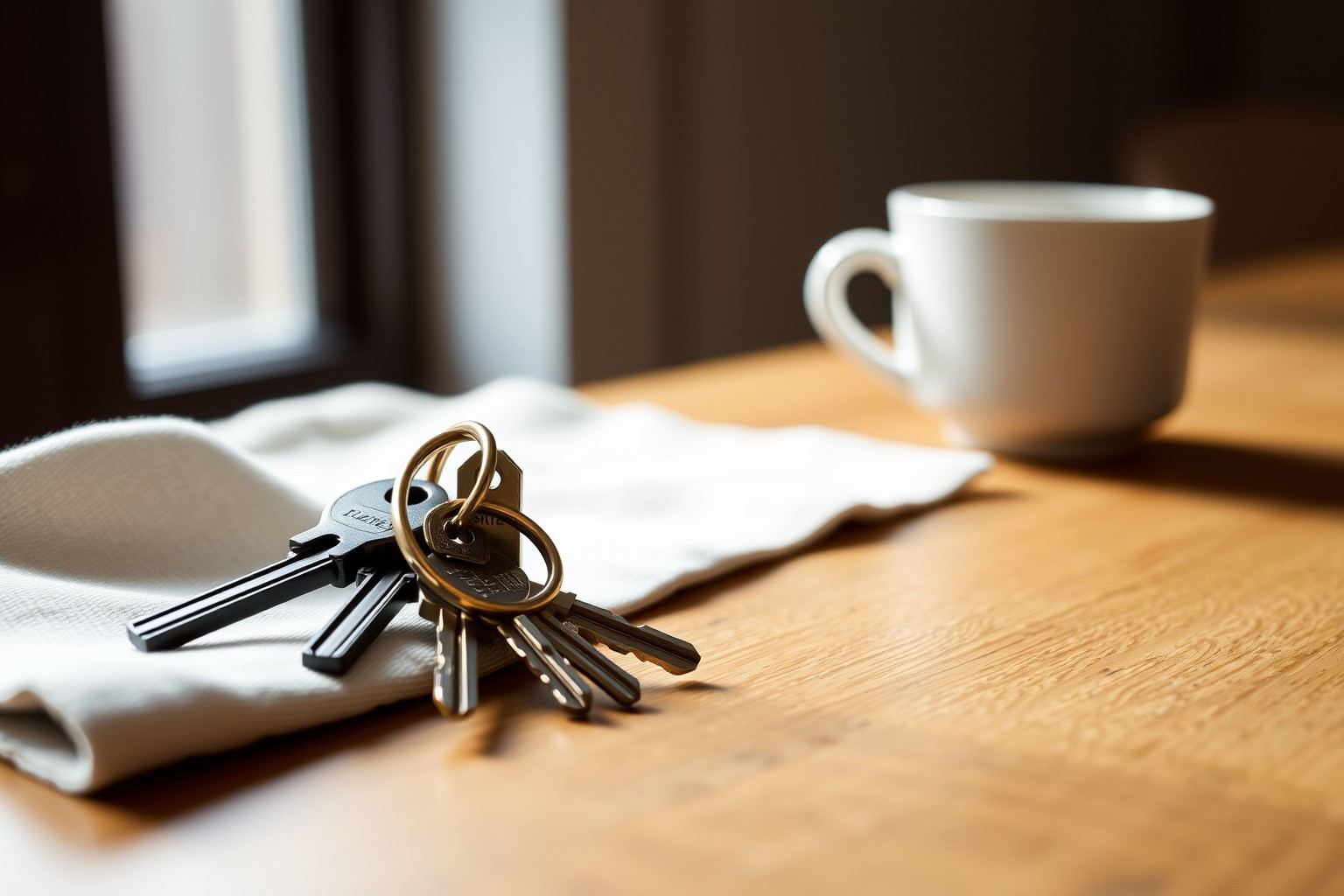 A set of house keys on a soft linen cloth on an oak table beside a white cup.