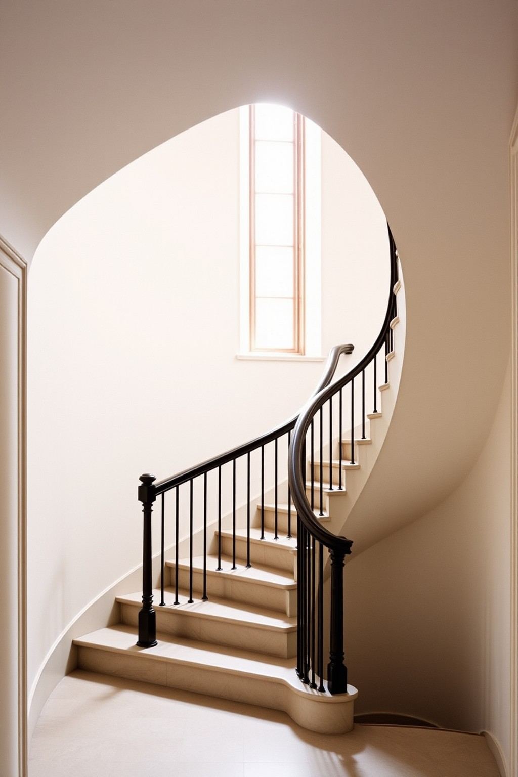 A curving Georgian staircase with a slender dark handrail, lit by a tall window.
